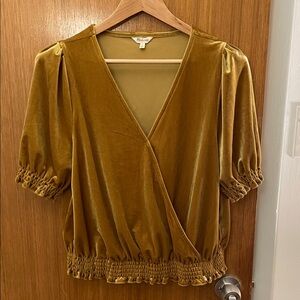 Madewell velvet gold smocked crossover top, size L